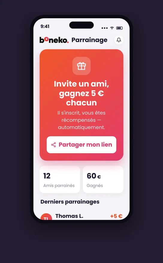 &Eacute;cran de parrainage Boneko avec lien &agrave; partager